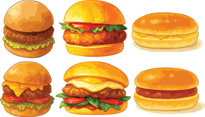 Vector Illustration of Tasty Burger with beef filling, vegetables, cheese, and egg Set