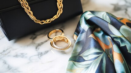 Black bag gold chain rings and patterned scarf on marble surface.