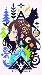 微笑む女性、イラスト、パッチワーク