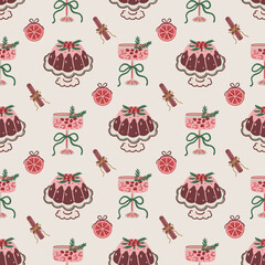 Seamless pattern with Christmas pudding, pink holiday cocktail with berries and bow, cinnamon sticks and citrus slices. Festive hand-drawn vector design for wrapping paper, textile, wallpaper, cover