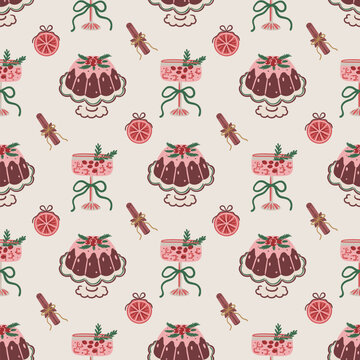 Seamless pattern with Christmas pudding, pink holiday cocktail with berries and bow, cinnamon sticks and citrus slices. Festive hand-drawn vector design for wrapping paper, textile, wallpaper, cover