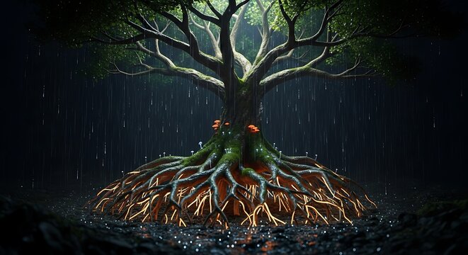 Ancient Tree with Rain, and Fantasy Forest.