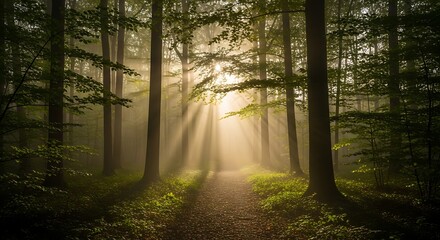 Obraz premium Sunbeams in Misty Forest Path.