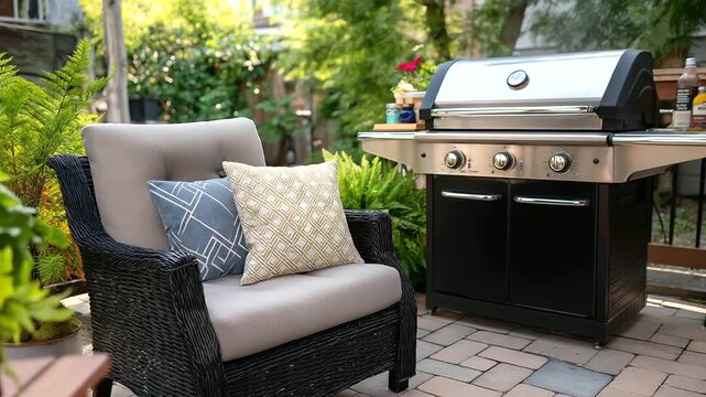 Seasonal outdoor living display with grilling supplies patio furniture hardware and deck staining products arranged attractively with lifestyle imagery and promotional pricing