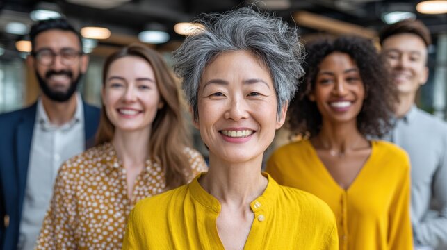 Diverse Group of Smiling Professionals in Bright Clothing Pose Together in a Modern Office Setting During Daytime - Powered by Adobe