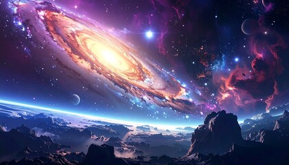Colorful galaxy over alien landscape