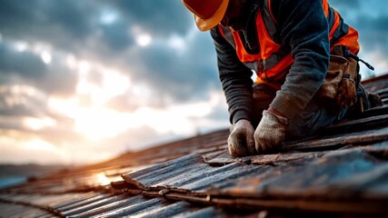 A construction worker repairs a roof. He wears a hard hat and safety vest. The scene is set against a cloudy sky during sunset