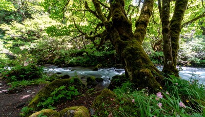 Enchanted riverbank scenery with moss covered trees and rushing water