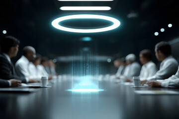 Business meeting, hologram and futuristic: Futuristic conference with serious mood for business. Meeting has potential in technology. They are hopeful for future