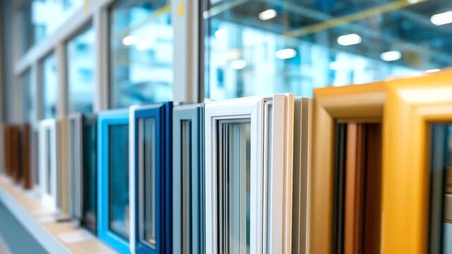 Window and door showroom displaying various frame styles glass options and weatherstripping materials with energy efficiency certifications and installation hardware nearby wind