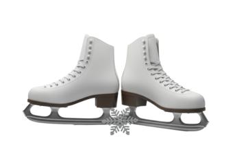 transparent ice skates with polished silver blades and a delicate silver snowflake charm, isolated on a transparent studio background, concept of pristine elegance and quality