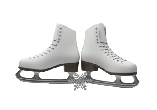 transparent ice skates with polished silver blades and a delicate silver snowflake charm, isolated on a transparent studio background, concept of pristine elegance and quality