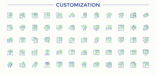Set of Customization colorful line icon. Includes symbols for service, cogwheel, engine, machine, installation, gear, cog and more. Minimal thin line web icons set. Service icon. Vector collections.