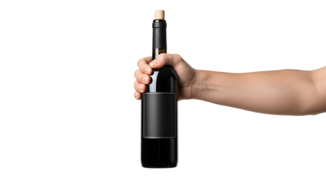 unveiling the mystery a hand presents a bottle of exquisite red wine, isolated on transparent background