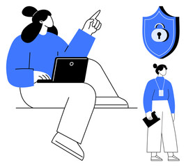 Woman using a laptop, gesturing upward, shield with a padlock highlighting cybersecurity, another person holding a folder. Ideal for technology, security, networking, education, innovation teamwork