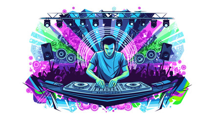 Dj performing live at a concert with a crowd and bright lights