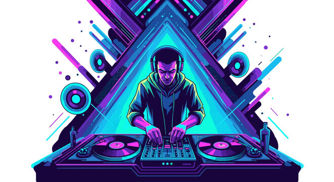 Dj mixing music with neon lights and triangle background art