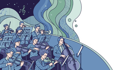 Illustration of an orchestra performing with stringed instruments