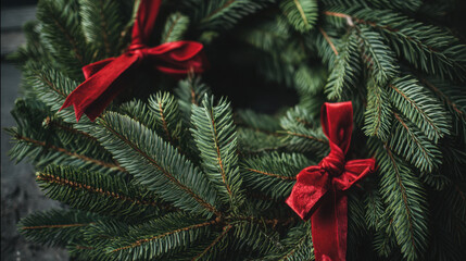 Fresh evergreen wreath adorned with red ribbons, perfect for holiday decoration. This festive piece brings warmth and cheer to any space, embodying spirit of season