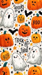 Colorful Halloween-themed design featuring pumpkins, ghosts, and bats with a playful trick or treat spirit