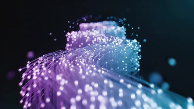Futuristic stream of light particles flowing through glowing fiber optic cables, symbolizing high-speed digital communication and network technology