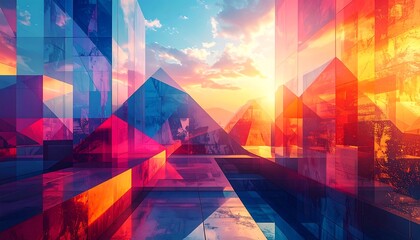 Colorful geometric cityscape at sunset