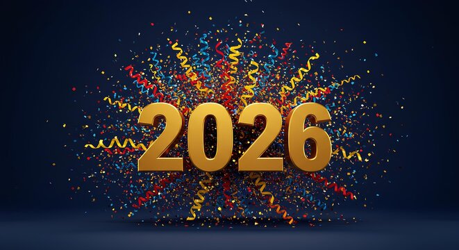 3D golden number 2026 with festive colorful confetti and streamers explosion on dark background, symbolizing New Year celebration and party decoration.