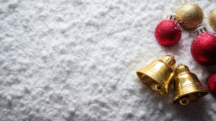 Golden bells and colorful ornaments create festive atmosphere on snowy background, evoking joy and warmth of holiday season