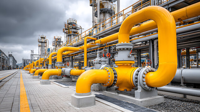 Compressor and pumping systems with many yellow pipe and connections in oil fild. Oil plant