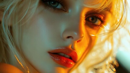 A close-up shot of a woman's face with bold red lipstick and a mysterious expression