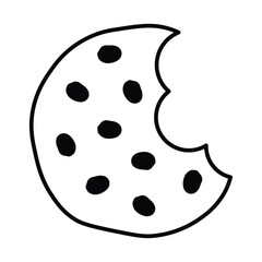 Bitten chocolate chip cookie line icon. Delicious biscuit in outline style. Dessert bite with crumbs and chocolate sweetness. Cookie symbol. Simple vector illustration isolated on white background.