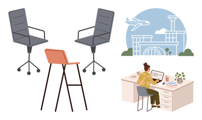 Office chairs, stool, person working at desk with laptop, potted plants. Background showcases airport with airplane. Ideal for work-life balance, travel, corporate culture, and productivity themes in