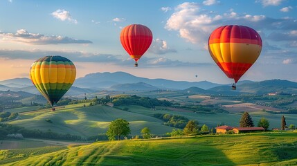 Fototapeta premium Beautiful Hot Air Balloons in Flight Over Fields Under Blue Sky