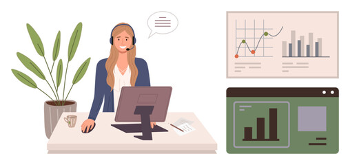 Female support agent with headset working on desktop computer. Graphs and charts on screens. Ideal for customer service, communication, remote work, business analysis, office productivity, team