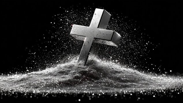 Metallic cross in a pile of dust