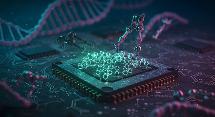 Futuristic nanotechnology concept with robotic arms manipulating molecules on chip