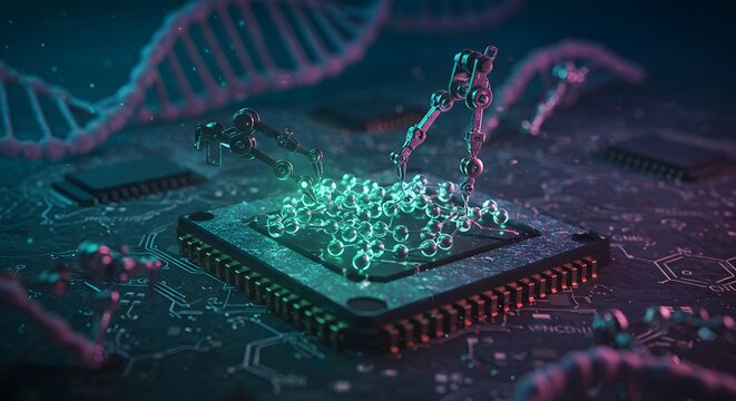 Futuristic nanotechnology concept with robotic arms manipulating molecules on chip