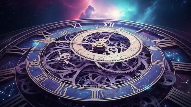 Intricate clockwork mechanism against cosmic sky time and universe