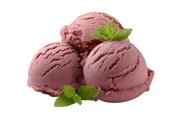 Three scoops of delicious berry ice cream with mint isolated on white background
