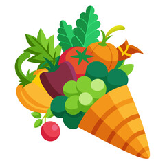 Colorful vector cornucopia overflowing with fresh vegetables and fruits