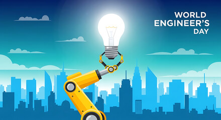 Robot arm holding a bright light bulb against a city skyline celebrating world engineers day