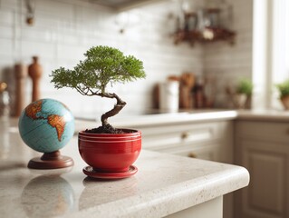 Bonsai tree care tips and globe decor ideas for modern kitchen interior design