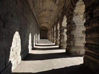 Fototapeta premium Architecture stone archway light and shadow perspective view stone pillars hallway