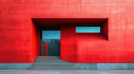 Entrance of modern office building with red wall and stairs. 3d render