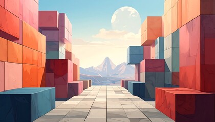 Colorful geometric pathway to mountains