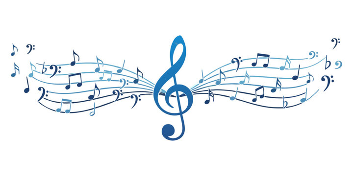 Blue clef music notes key musical border illustration divider clipart, vector stock illustration.