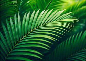 A close-up of vibrant green palm leaves, symbolizing growth and vitality, with vibrant colors and soft focus creating an atmosphere that evokes the fresh essence of nature's beauty.