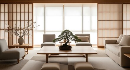 Fototapeta premium Minimalist Japanese Living Room with Traditional Shoji Screens and Elegant Furniture