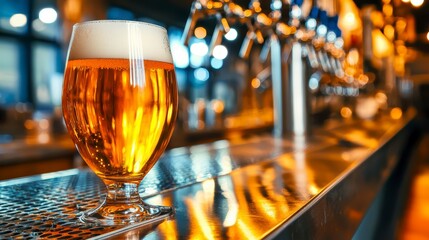 Glass of Beer on Bar Counter.