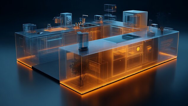 Futuristic transparent cityscape with glowing orange energy grid
